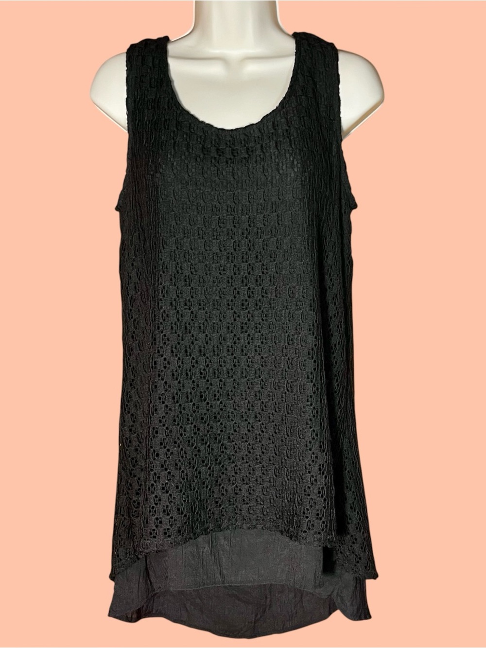 Black Knit Lace Sheer Tunic Top Sleeveless Shirt Layered Sz S Crochet Oversized